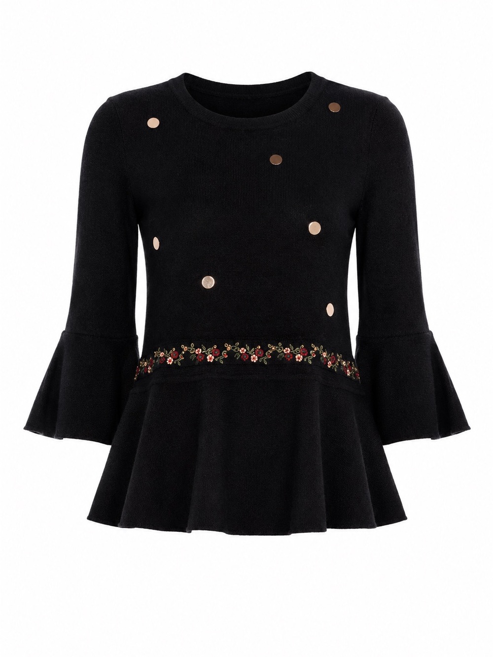 Biba Black Peplum Top with Rose Embroidery and Gold Studs